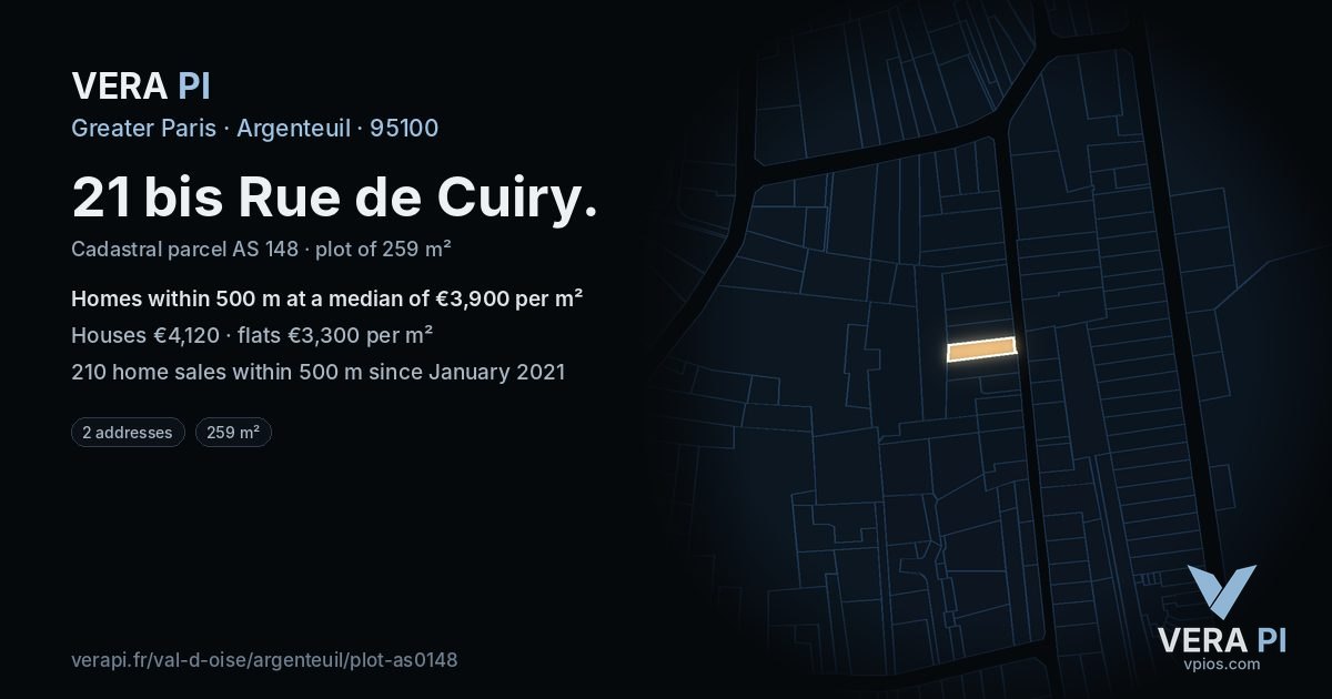 21 bis Rue de Cuiry, Argenteuil at night – the plot lit, the parcels around coloured by the prices near them