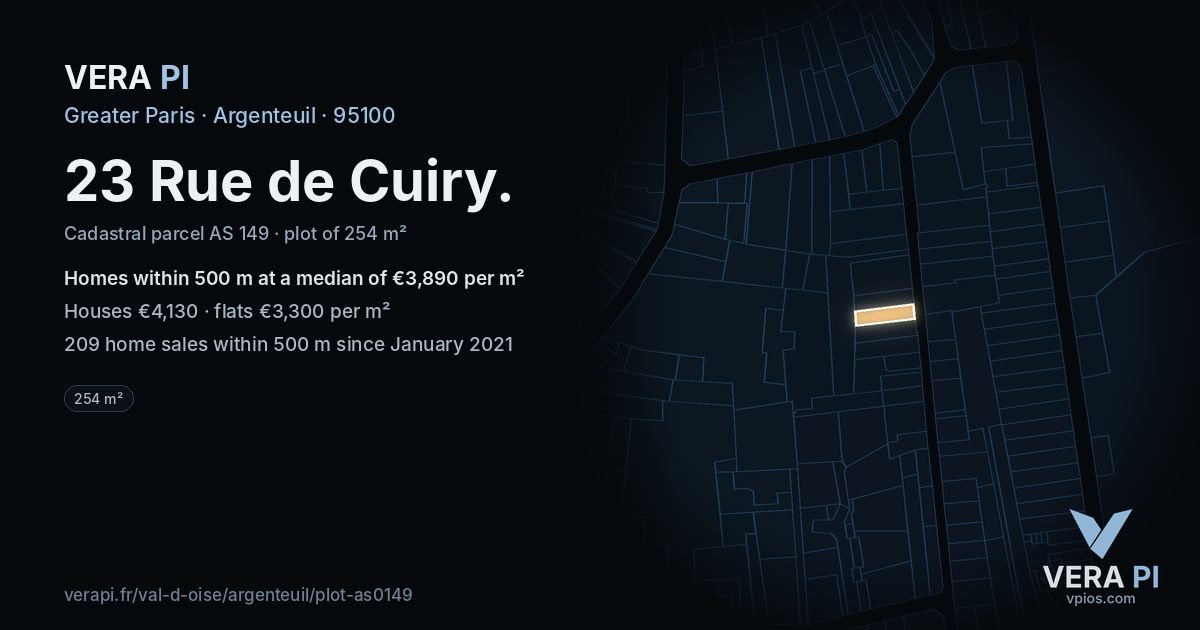 23 Rue de Cuiry, Argenteuil at night – the plot lit, the parcels around coloured by the prices near them