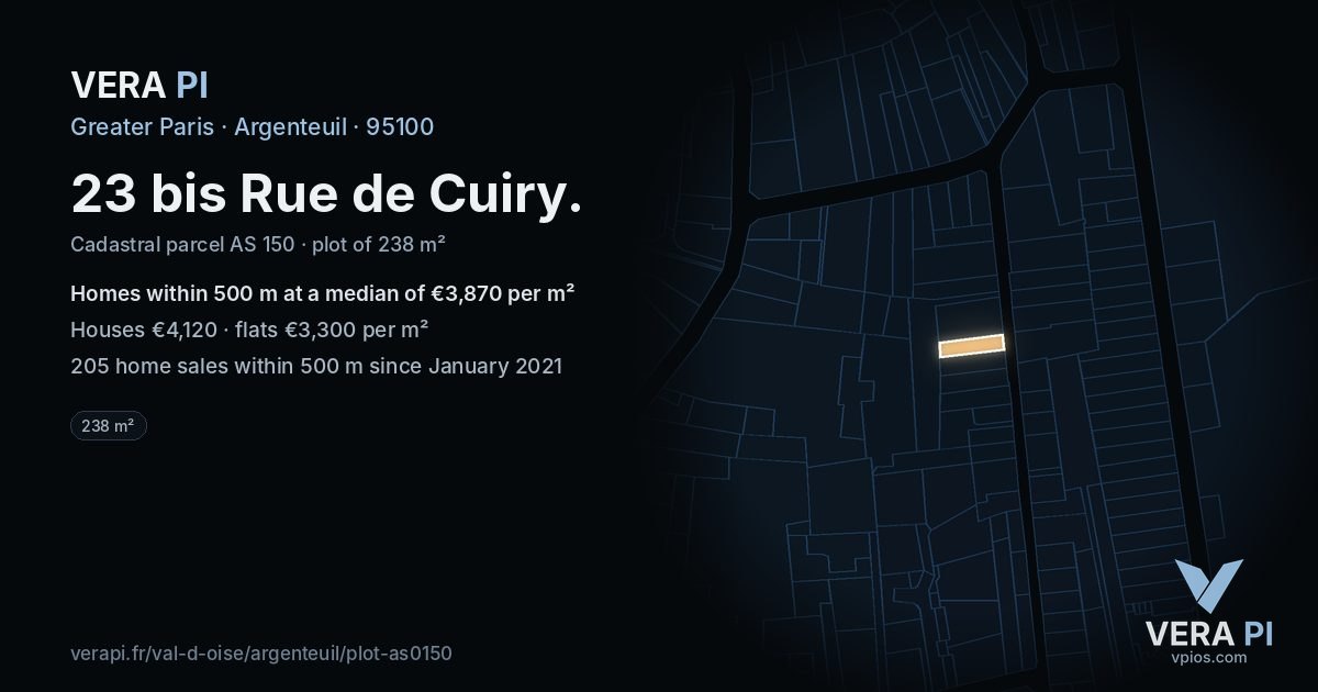 23 bis Rue de Cuiry, Argenteuil at night – the plot lit, the parcels around coloured by the prices near them