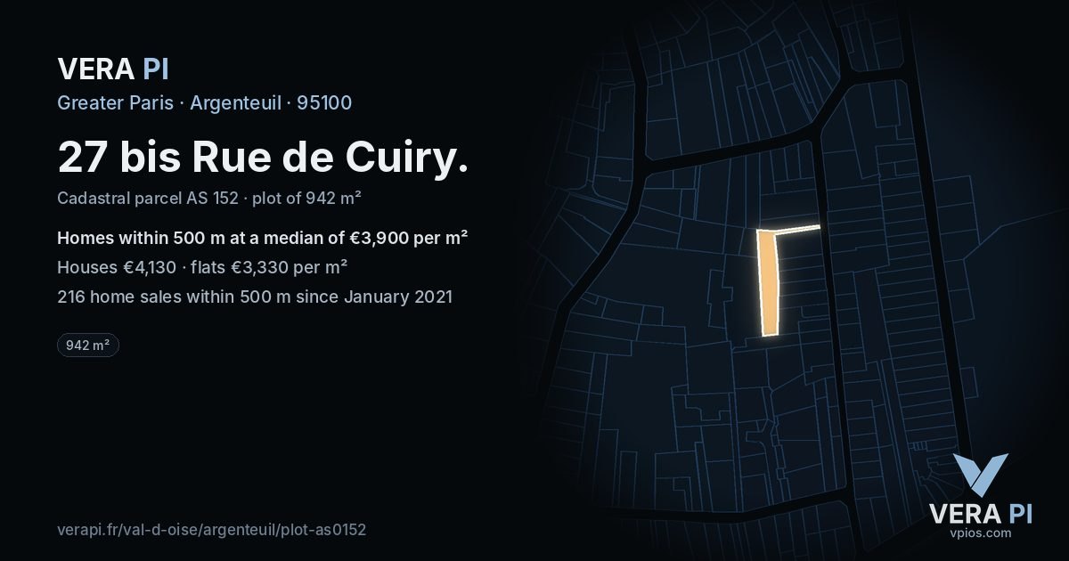 27 bis Rue de Cuiry, Argenteuil at night – the plot lit, the parcels around coloured by the prices near them