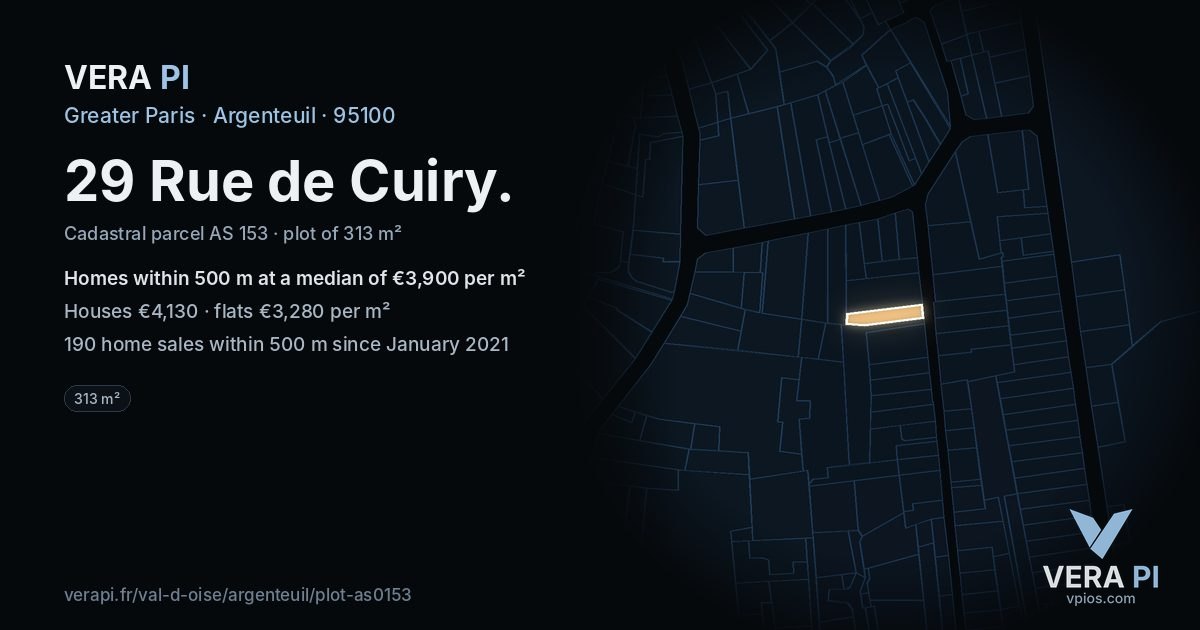 29 Rue de Cuiry, Argenteuil at night – the plot lit, the parcels around coloured by the prices near them