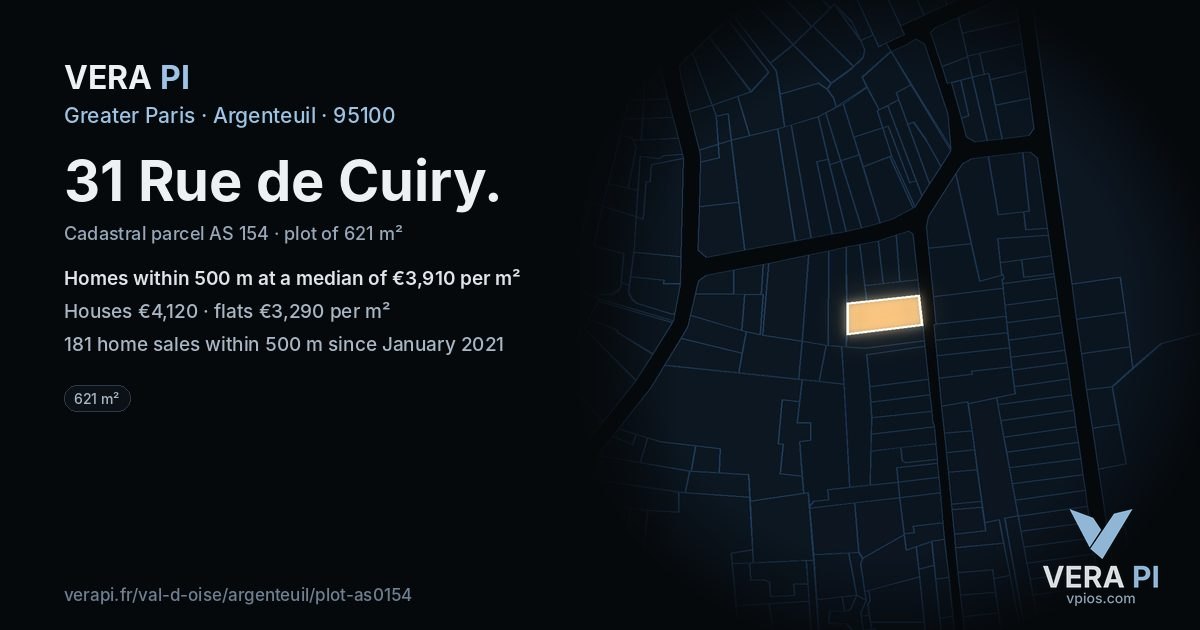 31 Rue de Cuiry, Argenteuil at night – the plot lit, the parcels around coloured by the prices near them