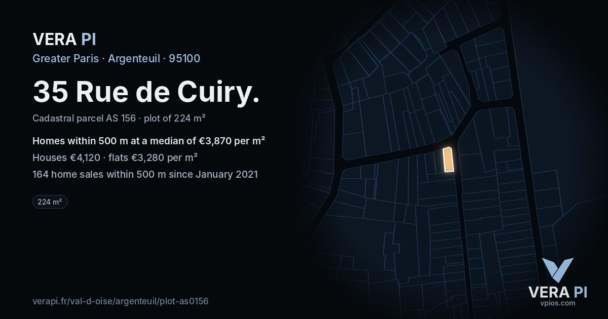 35 Rue de Cuiry, Argenteuil at night – the plot lit, the parcels around coloured by the prices near them
