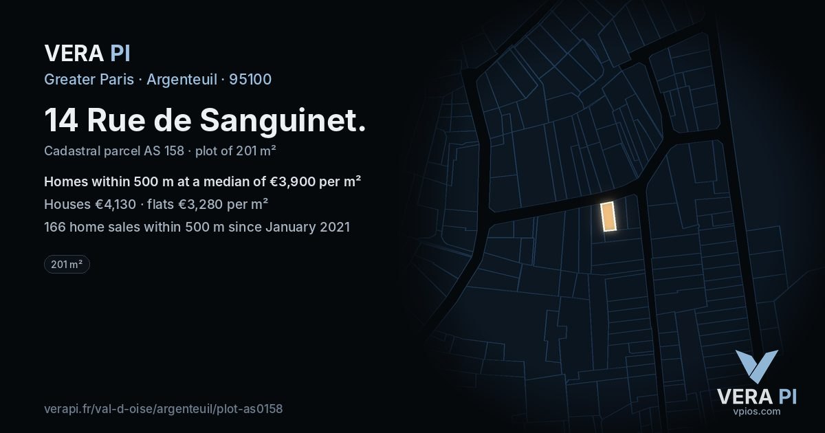 14 Rue de Sanguinet, Argenteuil at night – the plot lit, the parcels around coloured by the prices near them