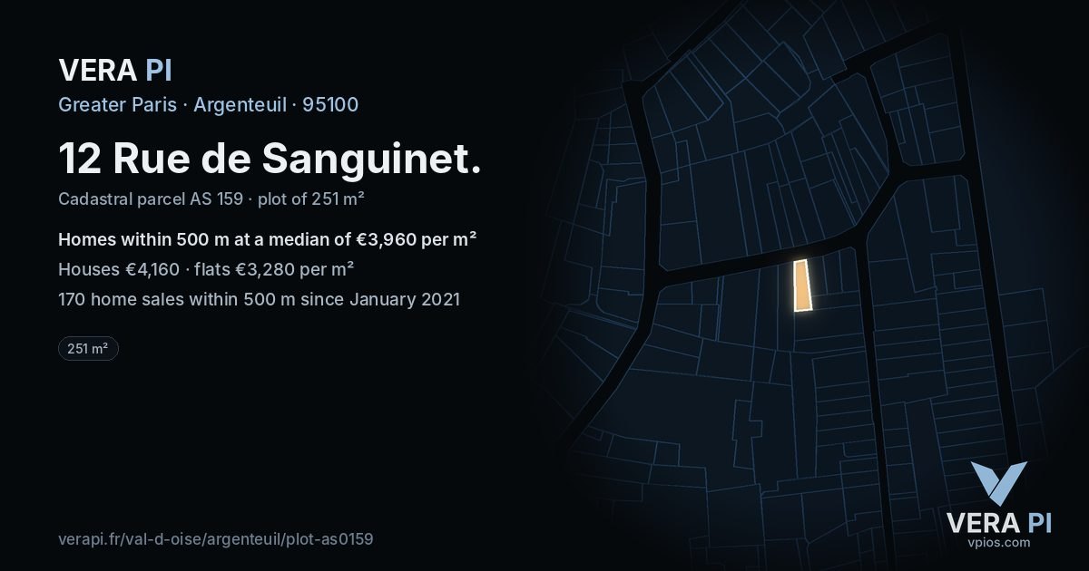 12 Rue de Sanguinet, Argenteuil at night – the plot lit, the parcels around coloured by the prices near them