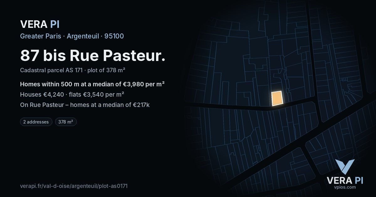 87 bis Rue Pasteur, Argenteuil at night – the plot lit, the parcels around coloured by the prices near them