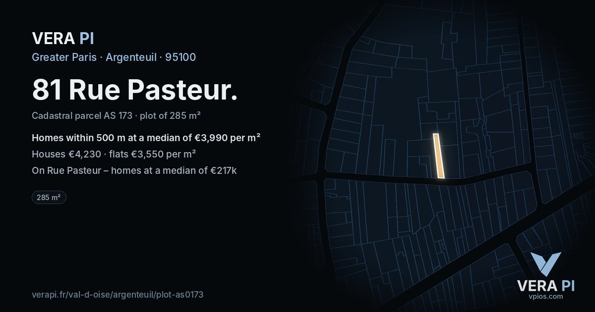 81 Rue Pasteur, Argenteuil at night – the plot lit, the parcels around coloured by the prices near them