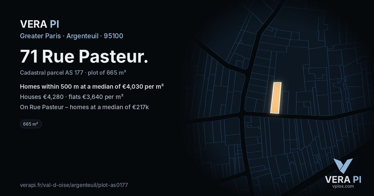 71 Rue Pasteur, Argenteuil at night – the plot lit, the parcels around coloured by the prices near them
