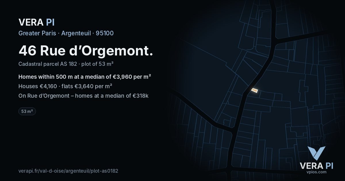 46 Rue d’Orgemont, Argenteuil at night – the plot lit, the parcels around coloured by the prices near them
