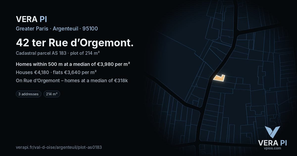 42 ter Rue d’Orgemont, Argenteuil at night – the plot lit, the parcels around coloured by the prices near them