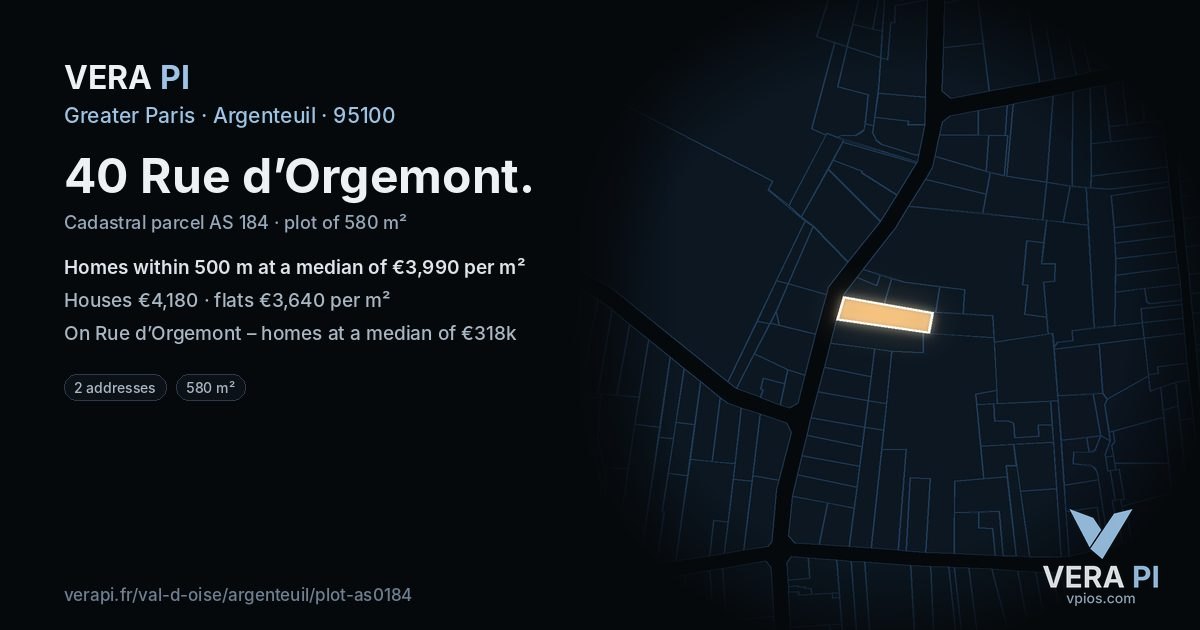 40 Rue d’Orgemont, Argenteuil at night – the plot lit, the parcels around coloured by the prices near them