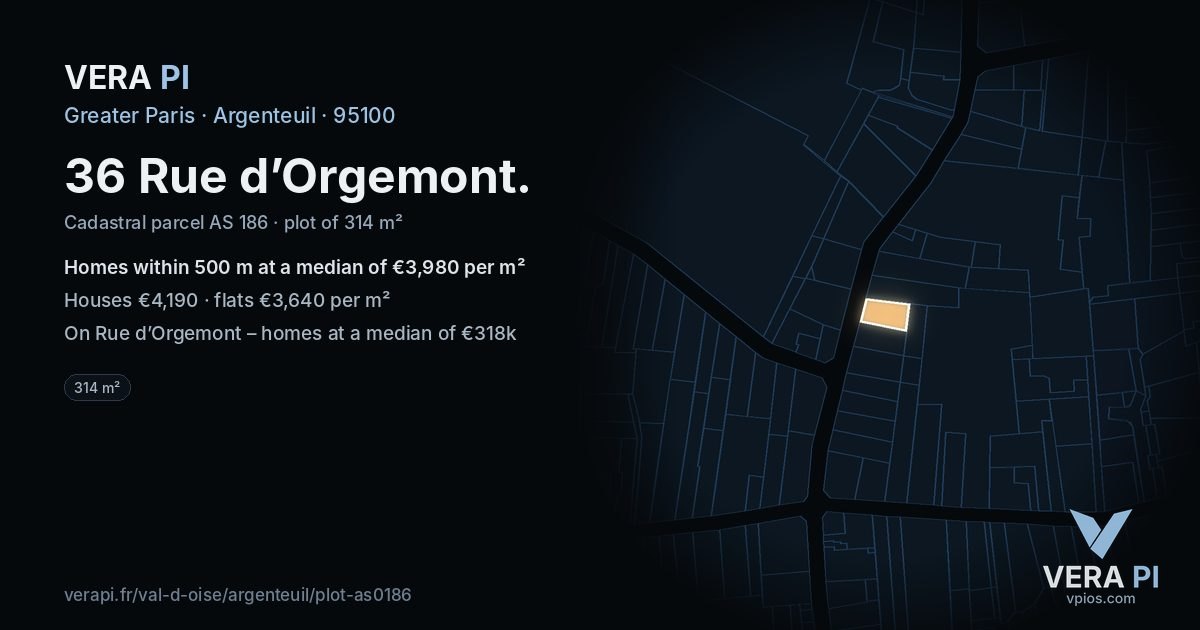 36 Rue d’Orgemont, Argenteuil at night – the plot lit, the parcels around coloured by the prices near them