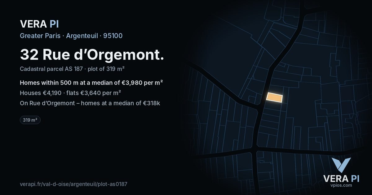 32 Rue d’Orgemont, Argenteuil at night – the plot lit, the parcels around coloured by the prices near them