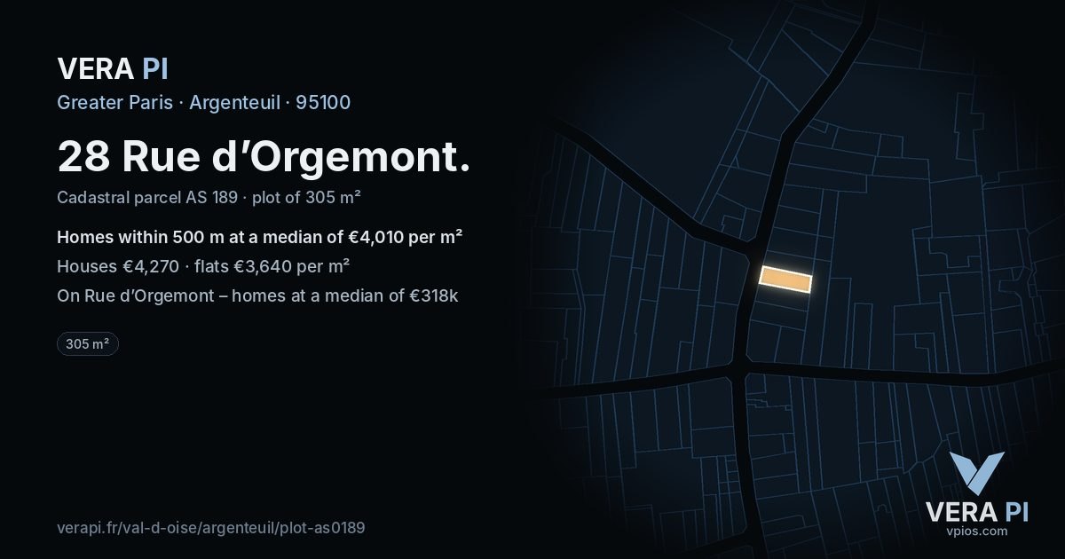28 Rue d’Orgemont, Argenteuil at night – the plot lit, the parcels around coloured by the prices near them