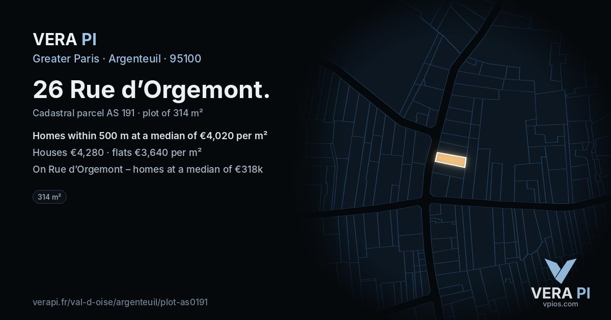 26 Rue d’Orgemont, Argenteuil at night – the plot lit, the parcels around coloured by the prices near them