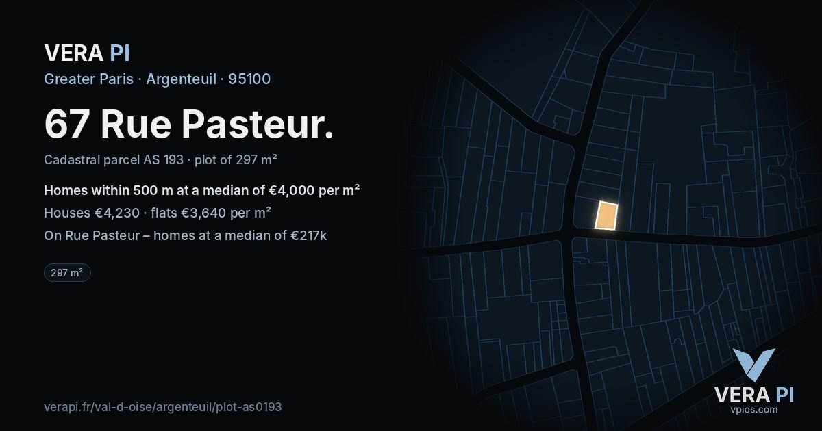 67 Rue Pasteur, Argenteuil at night – the plot lit, the parcels around coloured by the prices near them