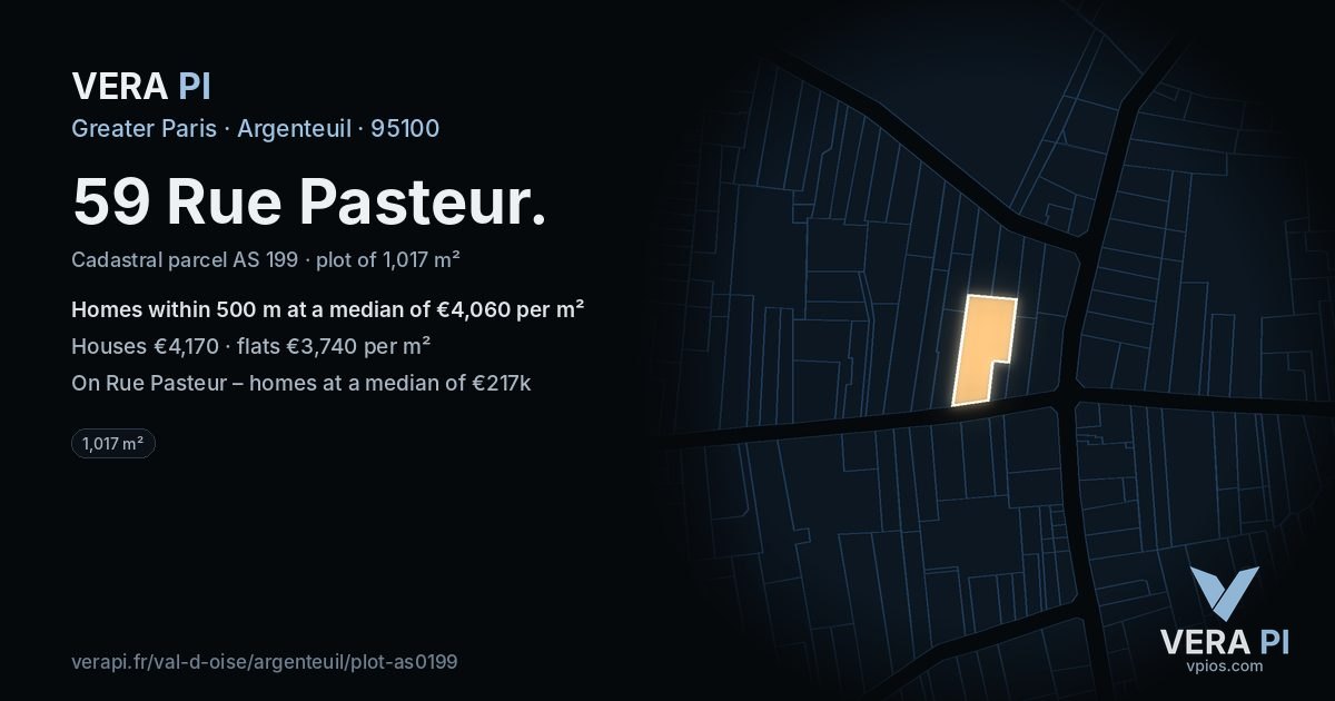59 Rue Pasteur, Argenteuil at night – the plot lit, the parcels around coloured by the prices near them