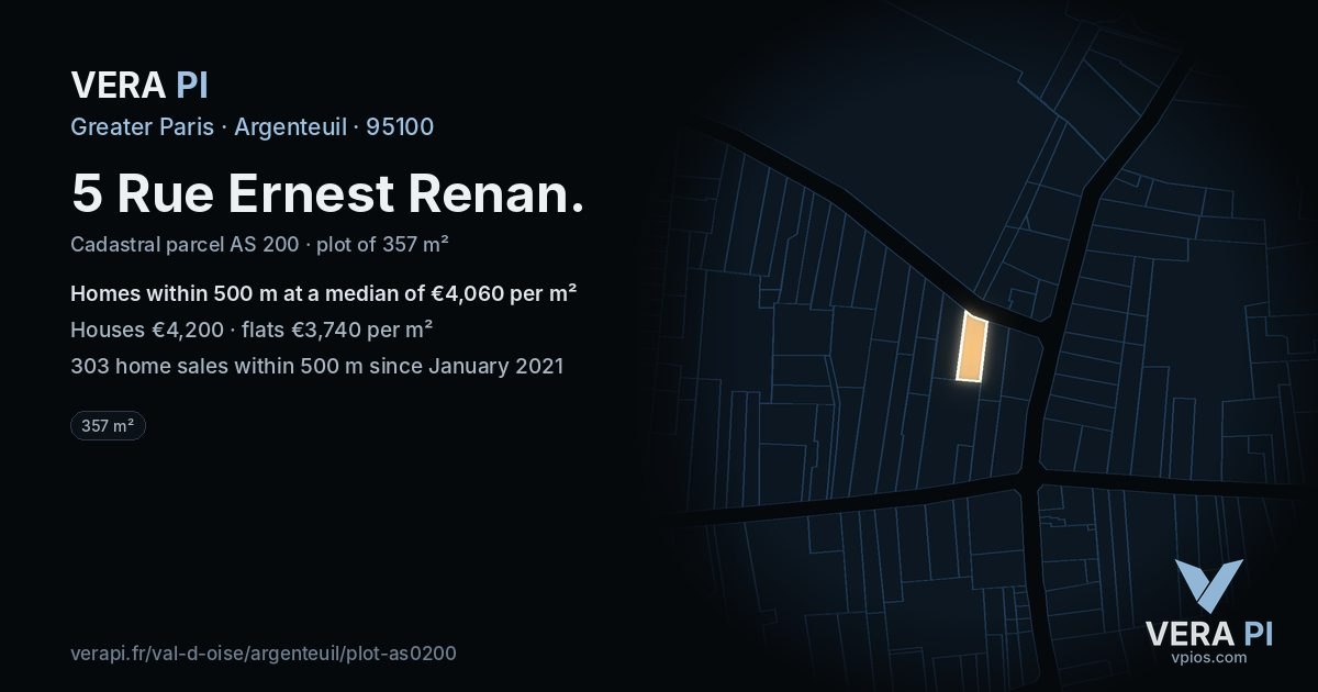 5 Rue Ernest Renan, Argenteuil at night – the plot lit, the parcels around coloured by the prices near them