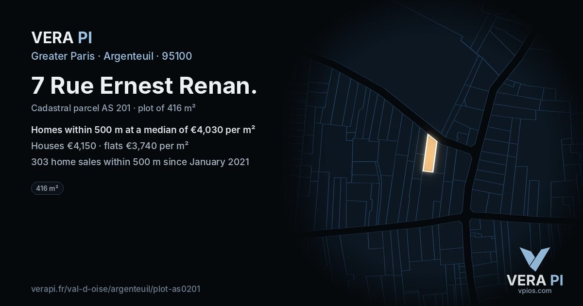 7 Rue Ernest Renan, Argenteuil at night – the plot lit, the parcels around coloured by the prices near them