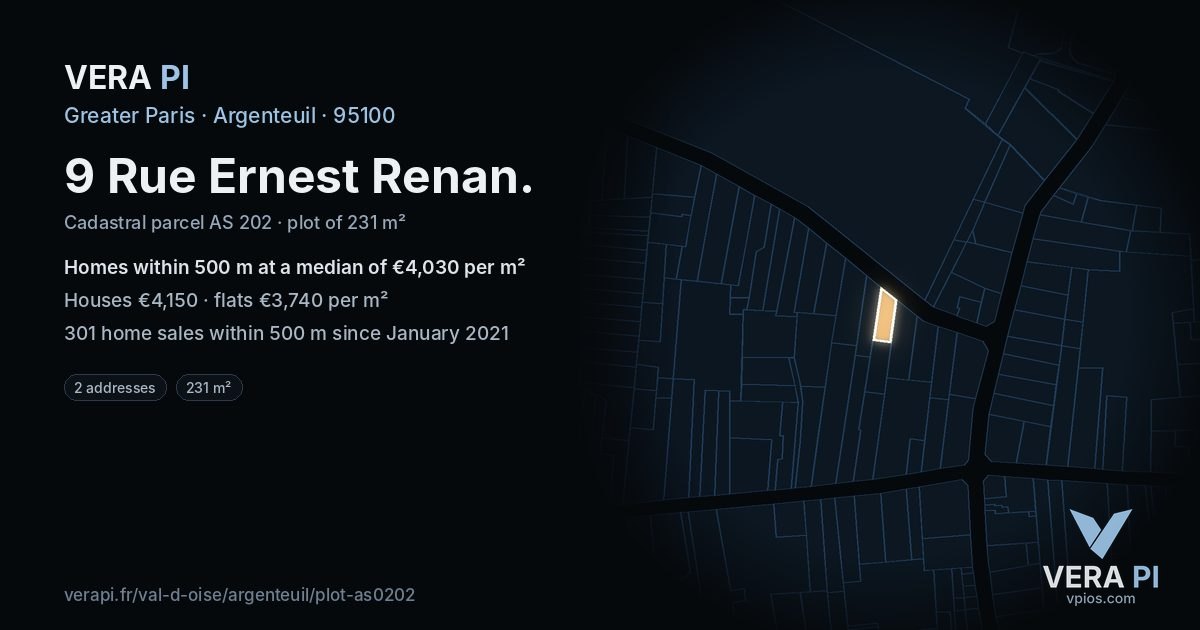 9 Rue Ernest Renan, Argenteuil at night – the plot lit, the parcels around coloured by the prices near them