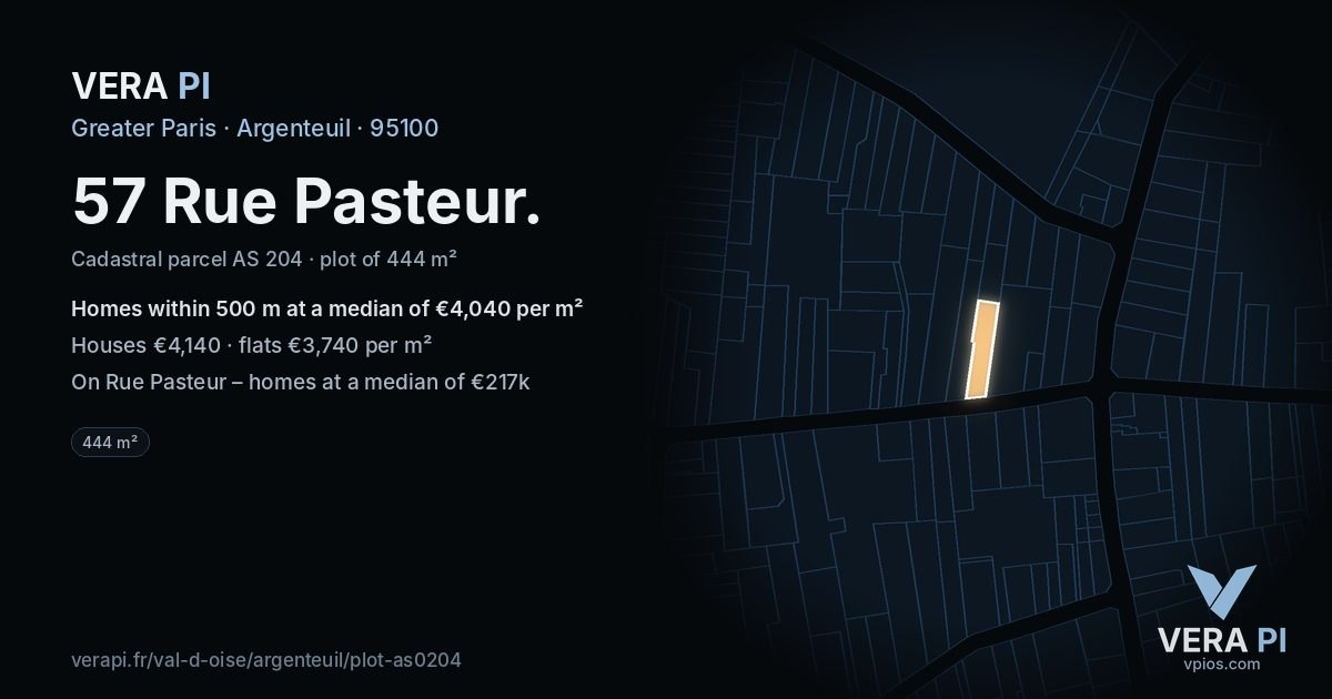 57 Rue Pasteur, Argenteuil at night – the plot lit, the parcels around coloured by the prices near them