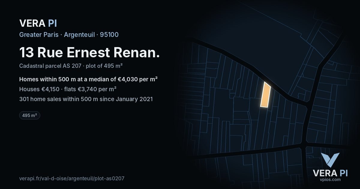 13 Rue Ernest Renan, Argenteuil at night – the plot lit, the parcels around coloured by the prices near them