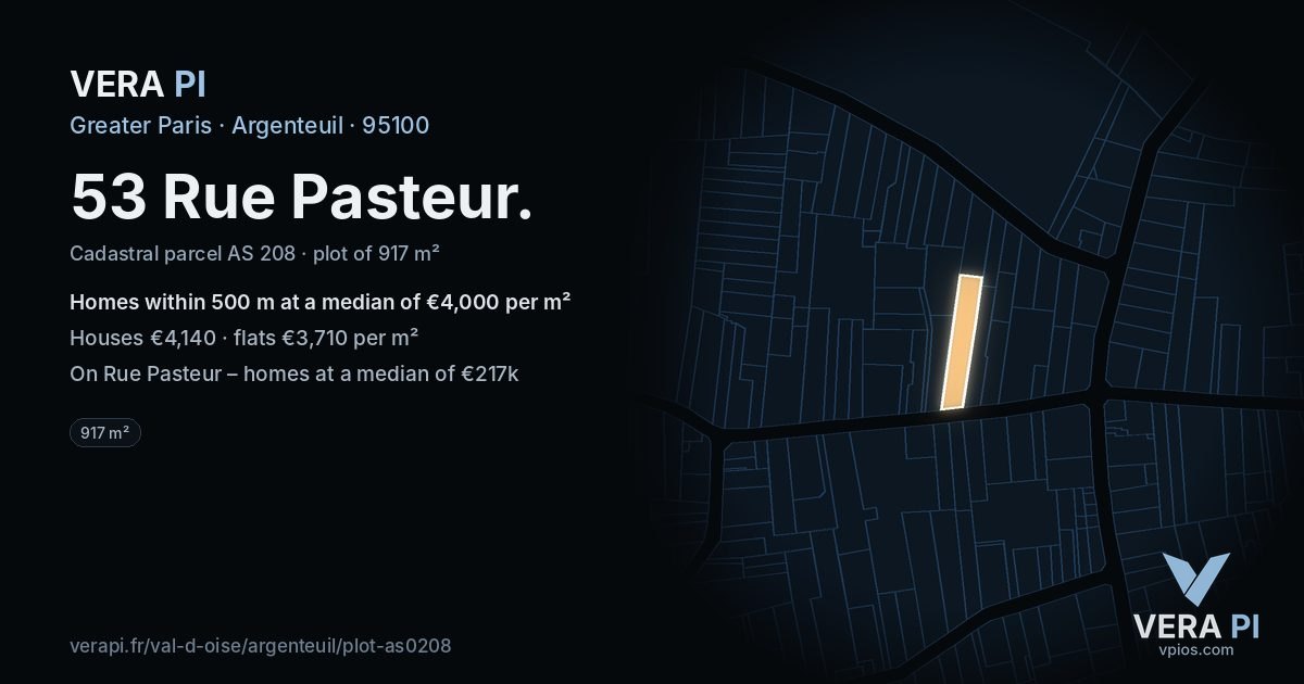 53 Rue Pasteur, Argenteuil at night – the plot lit, the parcels around coloured by the prices near them