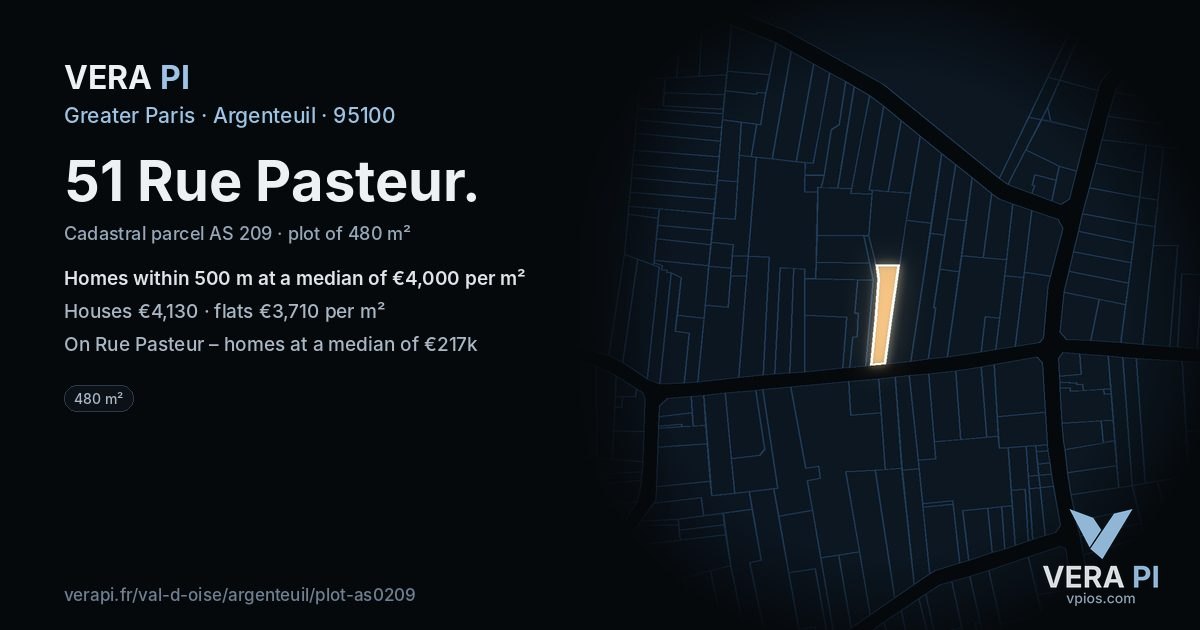 51 Rue Pasteur, Argenteuil at night – the plot lit, the parcels around coloured by the prices near them