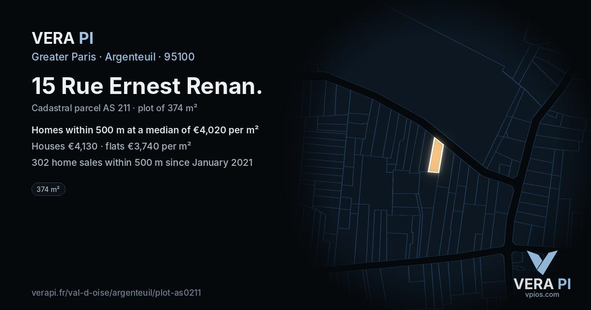 15 Rue Ernest Renan, Argenteuil at night – the plot lit, the parcels around coloured by the prices near them