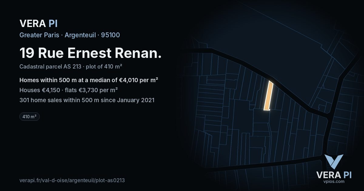 19 Rue Ernest Renan, Argenteuil at night – the plot lit, the parcels around coloured by the prices near them