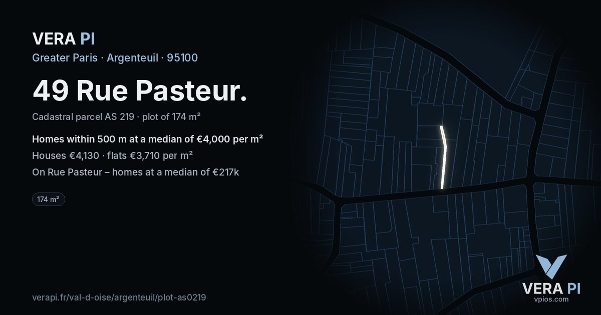 49 Rue Pasteur, Argenteuil at night – the plot lit, the parcels around coloured by the prices near them