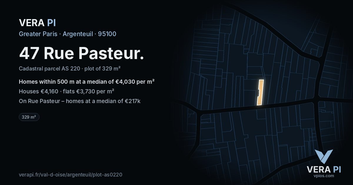 47 Rue Pasteur, Argenteuil at night – the plot lit, the parcels around coloured by the prices near them