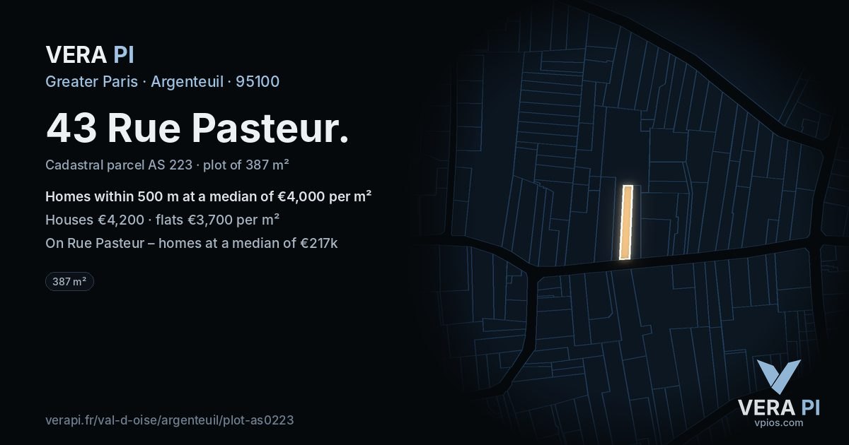 43 Rue Pasteur, Argenteuil at night – the plot lit, the parcels around coloured by the prices near them