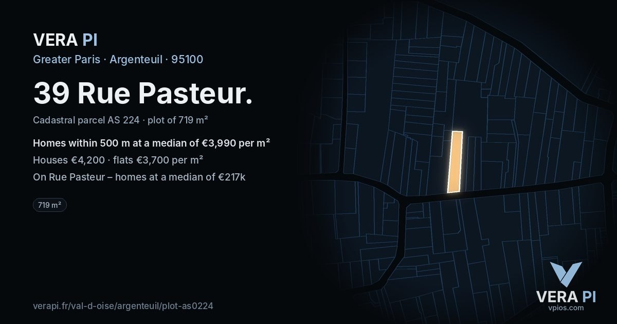 39 Rue Pasteur, Argenteuil at night – the plot lit, the parcels around coloured by the prices near them