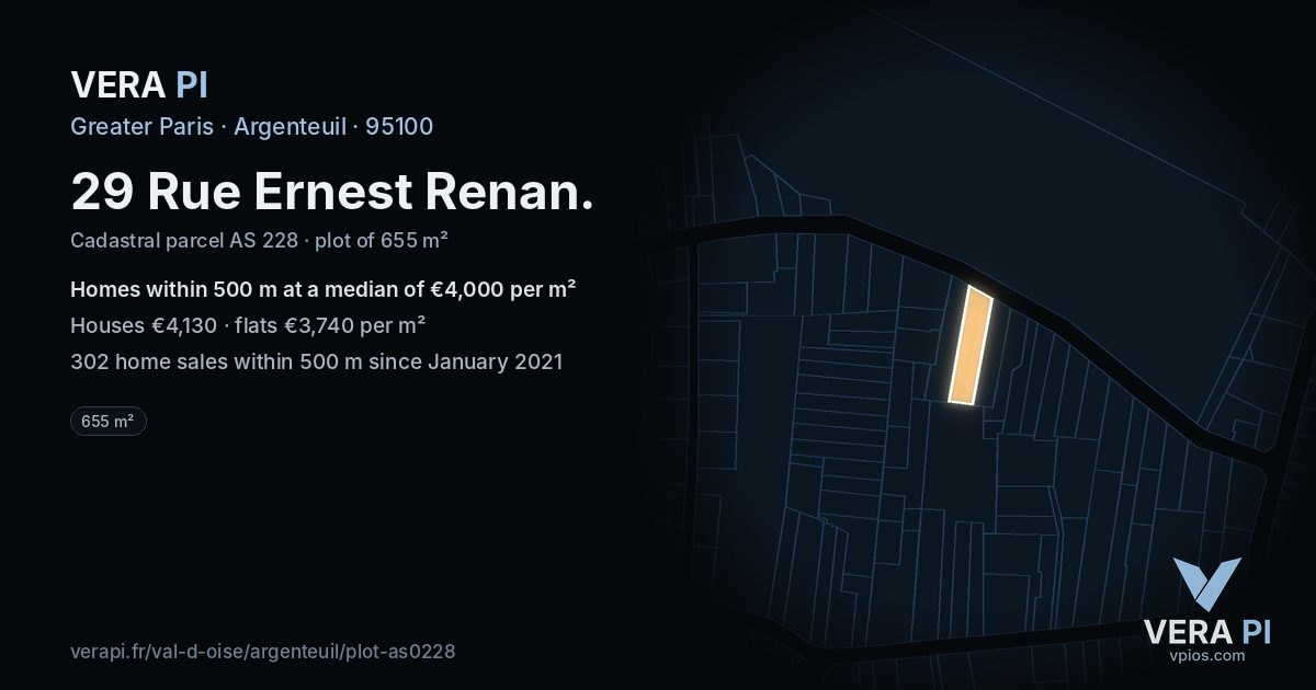 29 Rue Ernest Renan, Argenteuil at night – the plot lit, the parcels around coloured by the prices near them