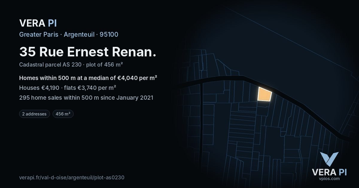 35 Rue Ernest Renan, Argenteuil at night – the plot lit, the parcels around coloured by the prices near them