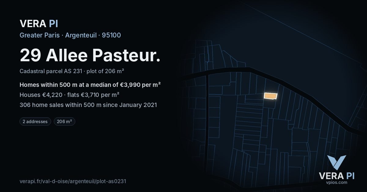 29 Allee Pasteur, Argenteuil at night – the plot lit, the parcels around coloured by the prices near them
