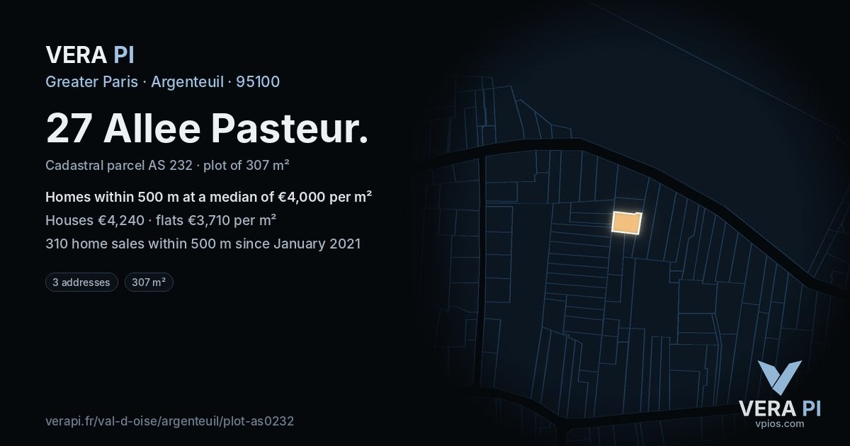 27 Allee Pasteur, Argenteuil at night – the plot lit, the parcels around coloured by the prices near them
