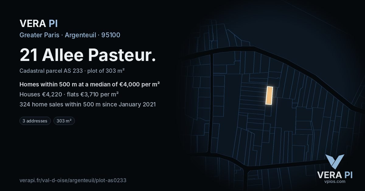 21 Allee Pasteur, Argenteuil at night – the plot lit, the parcels around coloured by the prices near them