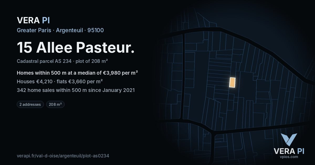15 Allee Pasteur, Argenteuil at night – the plot lit, the parcels around coloured by the prices near them