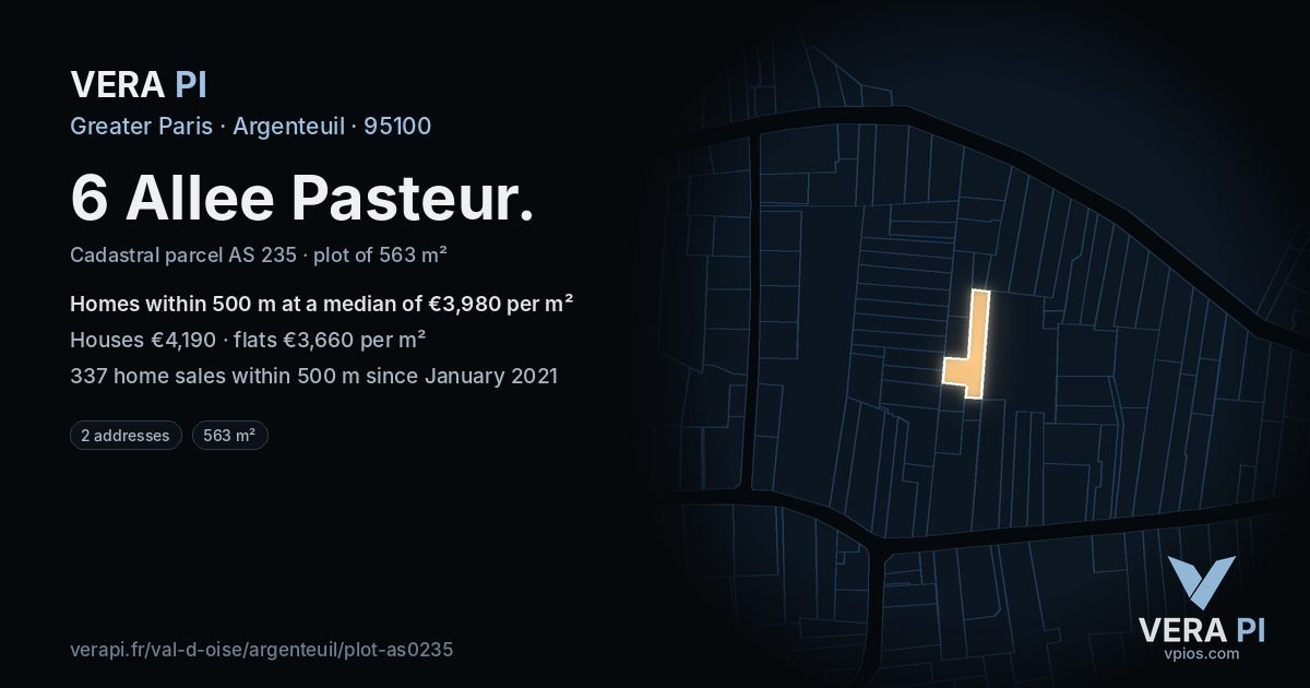 6 Allee Pasteur, Argenteuil at night – the plot lit, the parcels around coloured by the prices near them