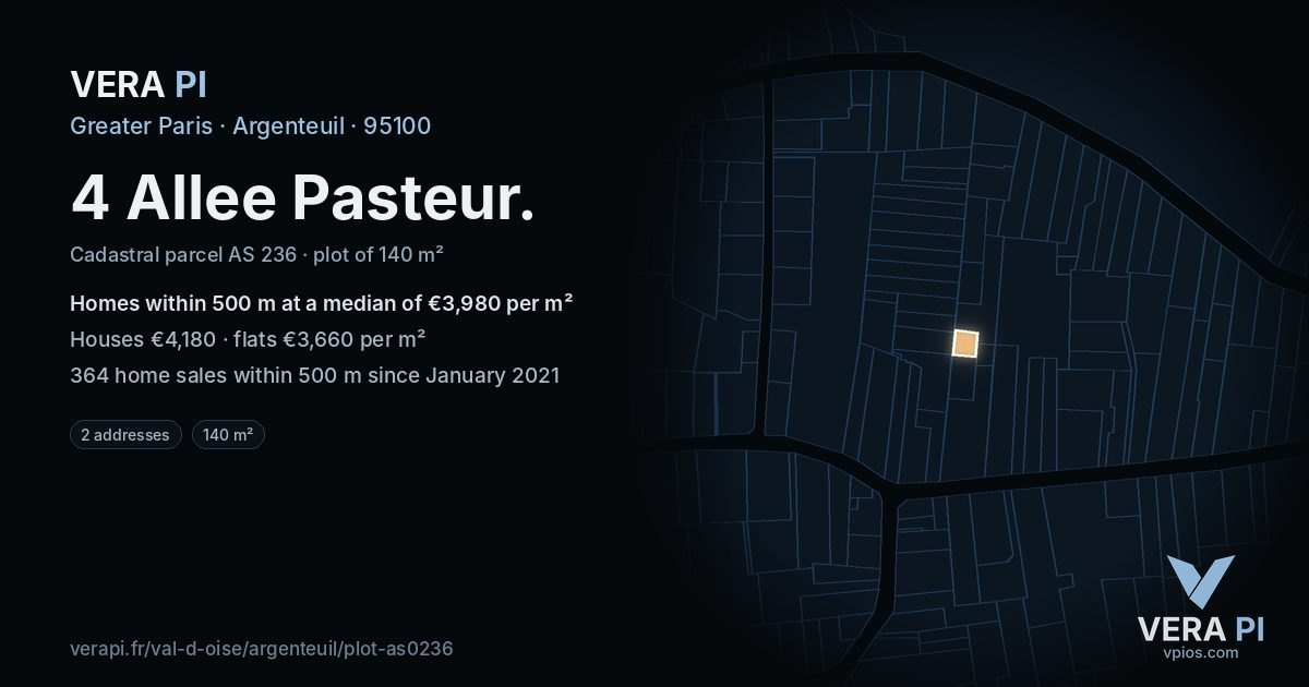 4 Allee Pasteur, Argenteuil at night – the plot lit, the parcels around coloured by the prices near them
