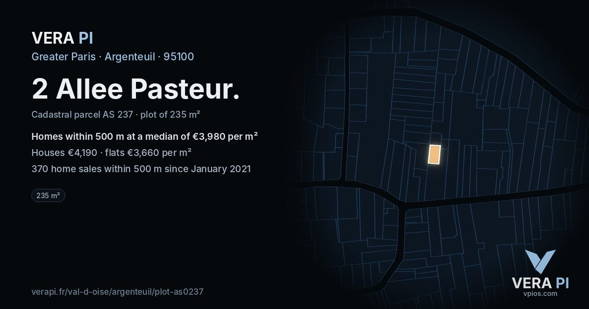 2 Allee Pasteur, Argenteuil at night – the plot lit, the parcels around coloured by the prices near them