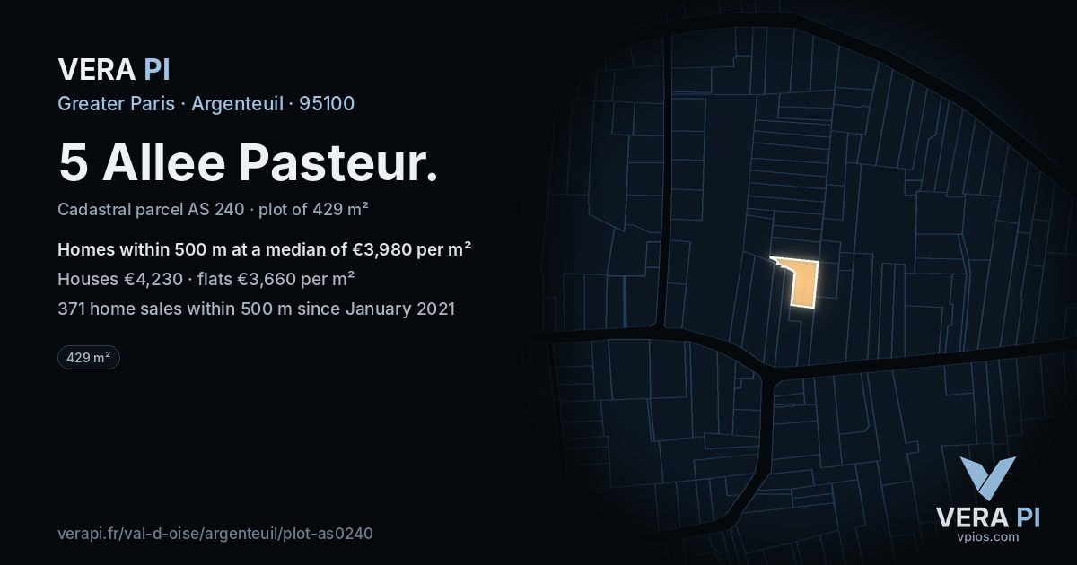 5 Allee Pasteur, Argenteuil at night – the plot lit, the parcels around coloured by the prices near them
