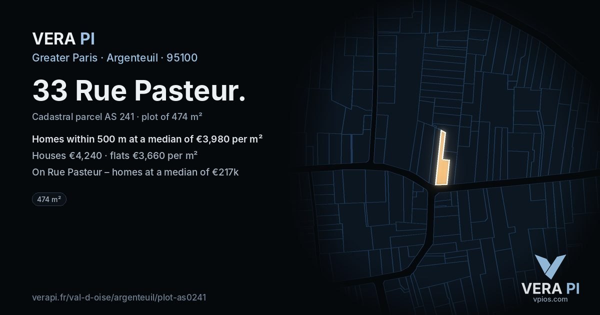 33 Rue Pasteur, Argenteuil at night – the plot lit, the parcels around coloured by the prices near them