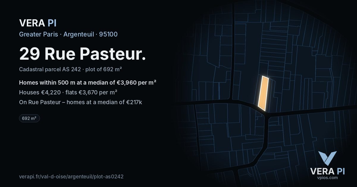 29 Rue Pasteur, Argenteuil at night – the plot lit, the parcels around coloured by the prices near them