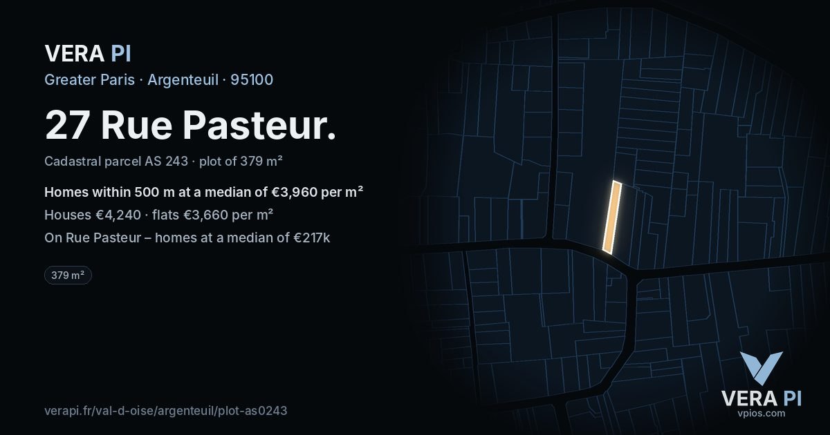27 Rue Pasteur, Argenteuil at night – the plot lit, the parcels around coloured by the prices near them