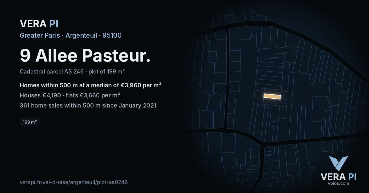 9 Allee Pasteur, Argenteuil at night – the plot lit, the parcels around coloured by the prices near them