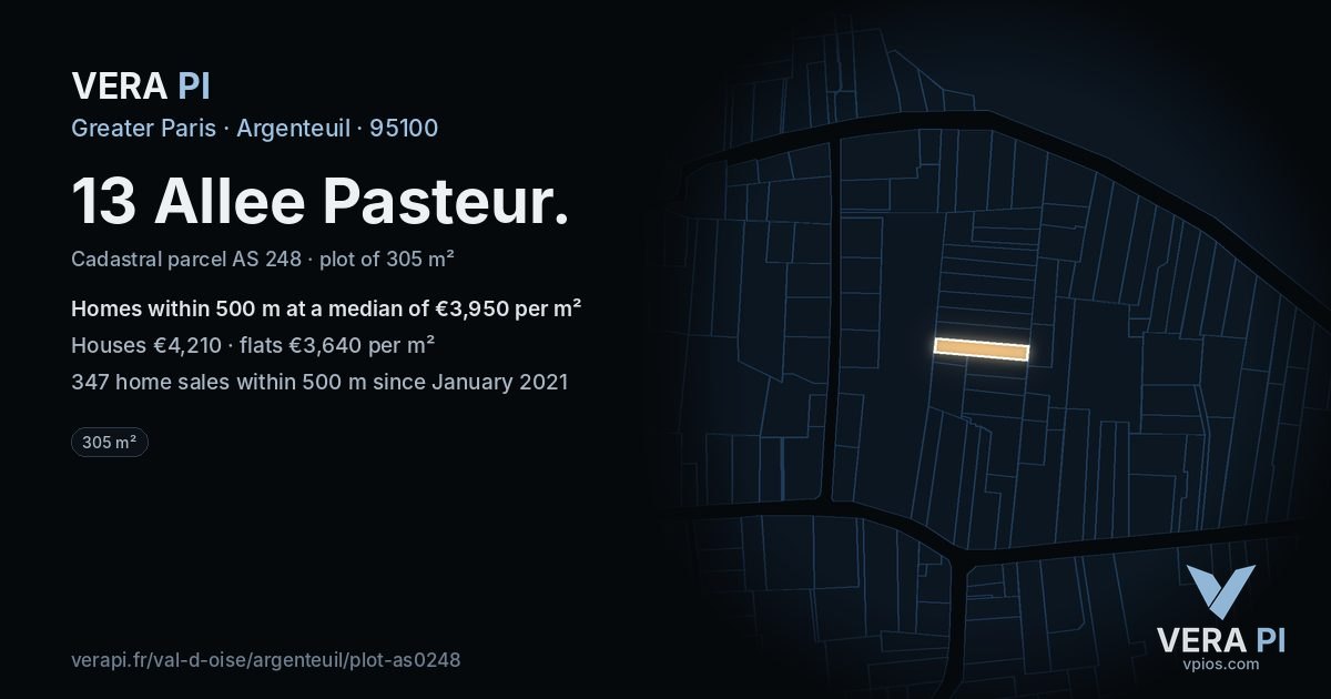 13 Allee Pasteur, Argenteuil at night – the plot lit, the parcels around coloured by the prices near them