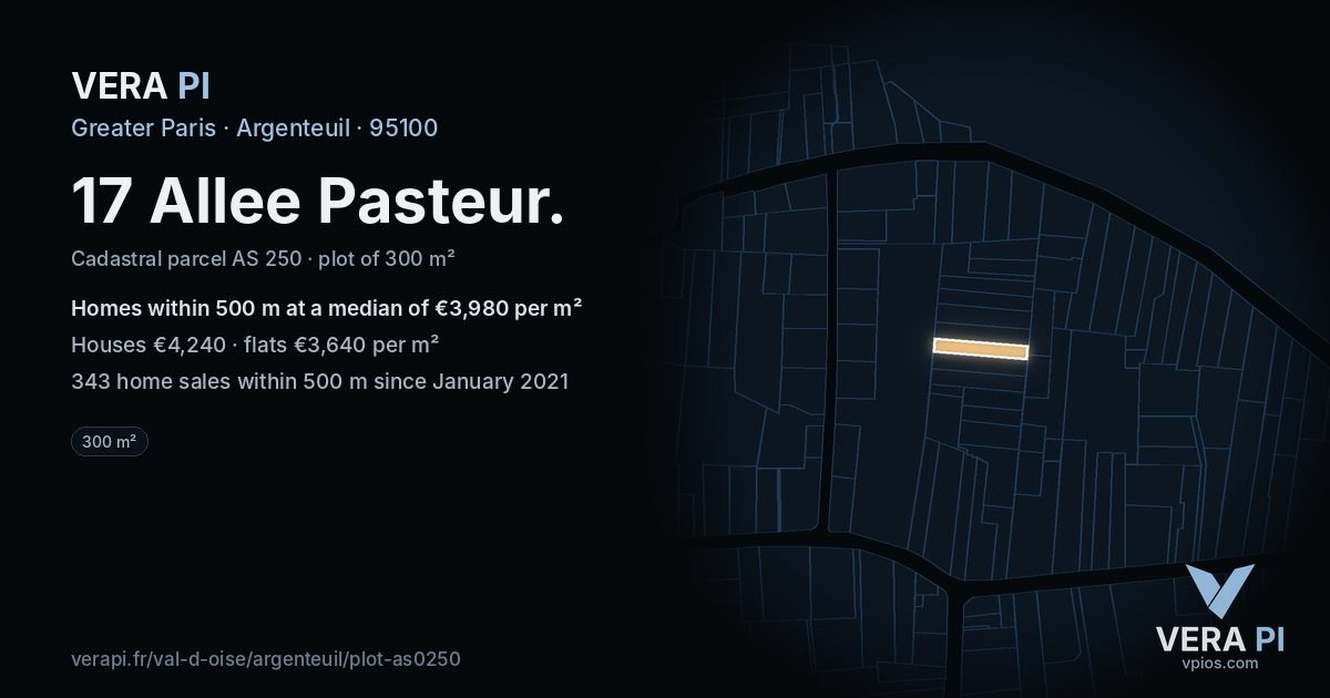 17 Allee Pasteur, Argenteuil at night – the plot lit, the parcels around coloured by the prices near them